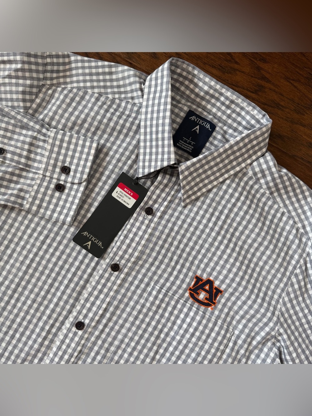 Auburn Tigers Men’s L Gray/White Gingham Antigua Long Sleeve Button Up Shirt AU